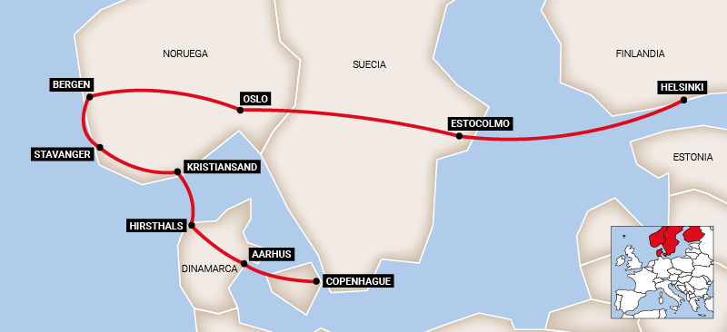 Mapa do roteiro Império Viking e Helsinque