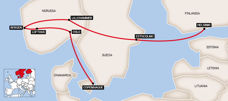 Mapa do roteiro Descubra os Fiordes e Helsinque