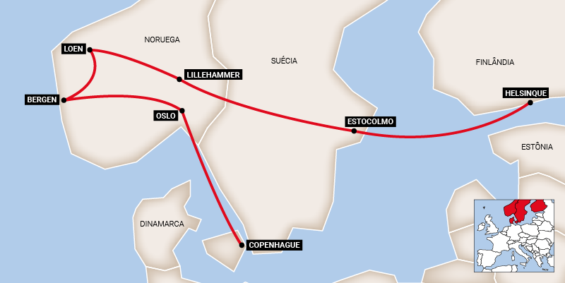 Mapa do roteiro Helsinque e Fiordes Magníficos