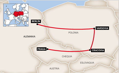 Mapa do roteiro Praga - Polônia e Berlim