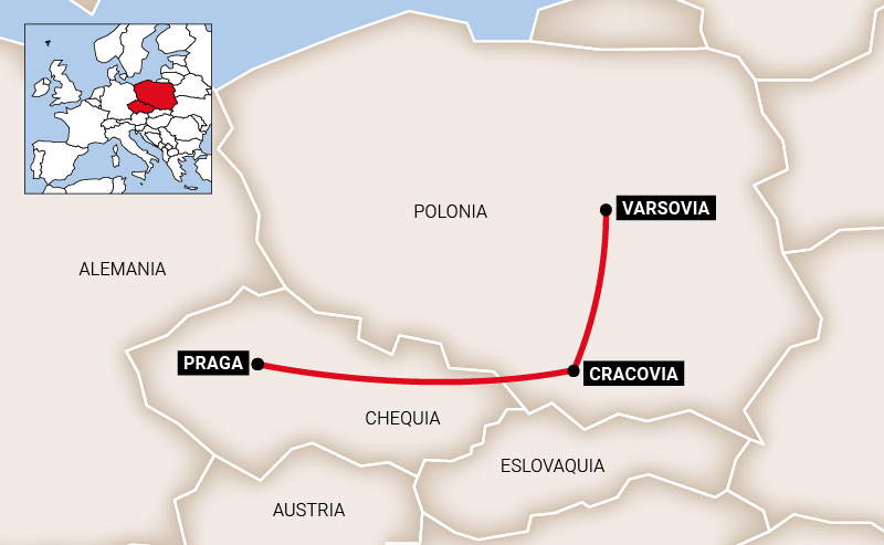 Mapa do roteiro Praga e Polônia