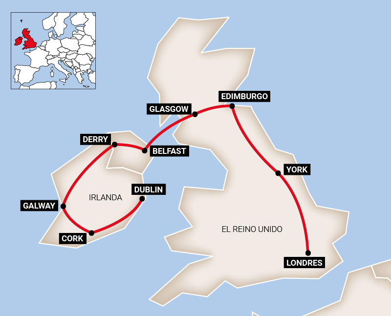 Mapa do roteiro Grande Tour da Inglaterra, Escócia e Irlanda